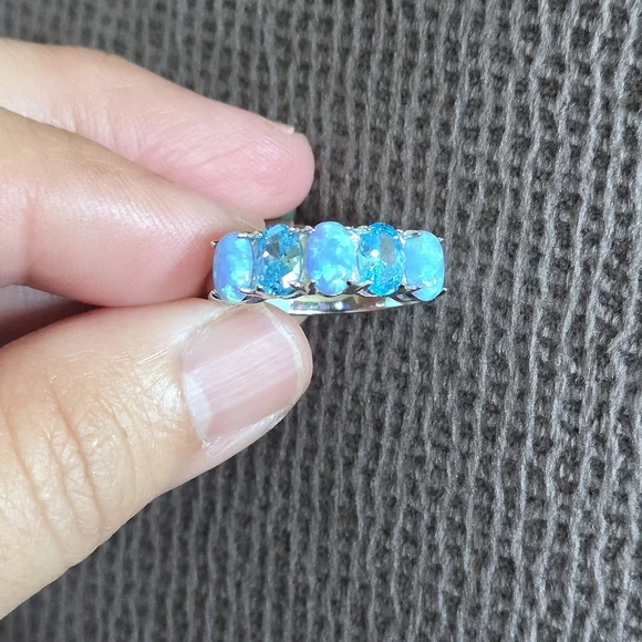 Cote d'Argent Blue🩵 Topaz And Lab🧪 Created Blue🩵 Fire🔥 Opal Heart Ring💍 - Picture 13 of 16